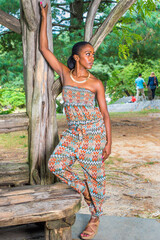 Dressing in a strapless fashionable, contemporary style dress top and pants, fashionable sandals, a pretty black woman is standing by old trees in a park, relaxing..