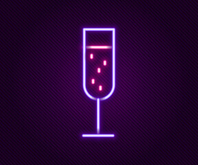 Glowing neon line Glass of champagne icon isolated on black background. Colorful outline concept. Vector