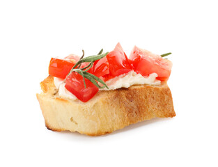 Tasty bruschetta with tomato on white background