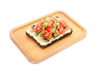 Board with tasty vegan bruschetta on white background