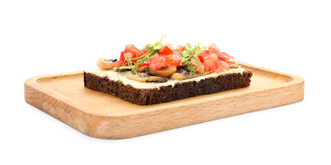 Board with tasty vegan bruschetta on white background