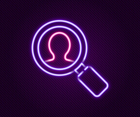 Glowing neon line Magnifying glass for search a people icon isolated on black background. Recruitment or selection. Search for employees and job. Colorful outline concept. Vector