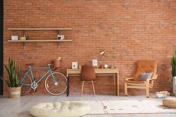 Comfortable living room interior with modern bicycle