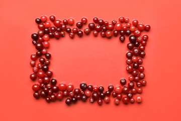 Frame made of tasty fresh cranberries on color background