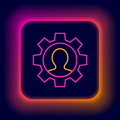 Glowing neon line Human with gear icon isolated on black background. Artificial intelligence. Thinking brain sign. Symbol work of brain. Colorful outline concept. Vector