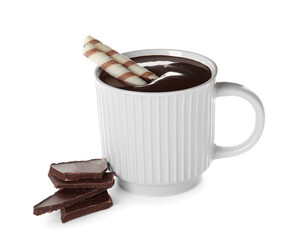Cup of tasty hot chocolate on white background