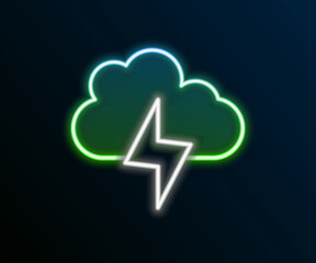 Glowing neon line Storm icon isolated on black background. Cloud and lightning sign. Weather icon of storm. Colorful outline concept. Vector