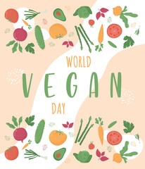 World vegan day for social media post, postcard, banner, greeting card. Vector illustration