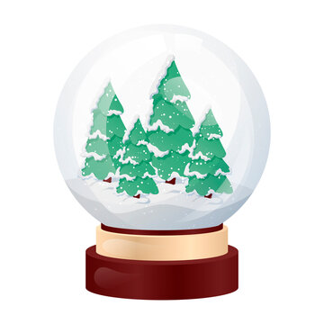 Vector isolated Christmas illustration. Festive souvenir glass snow ball with Christmas trees.