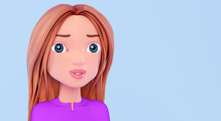 3d female character on a blue background, 3d render. Portrait of a smiling beautiful woman, copy space. 3d cartoon character young woman smiling. beautiful woman looks into the camera