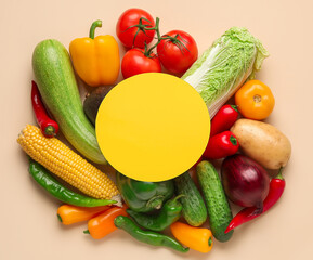 Different vegetables and blank card on color background. Vegan Day