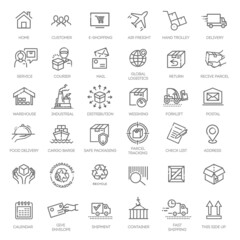 Collections of icons representing shipping, logistics, customer service, refunds and more