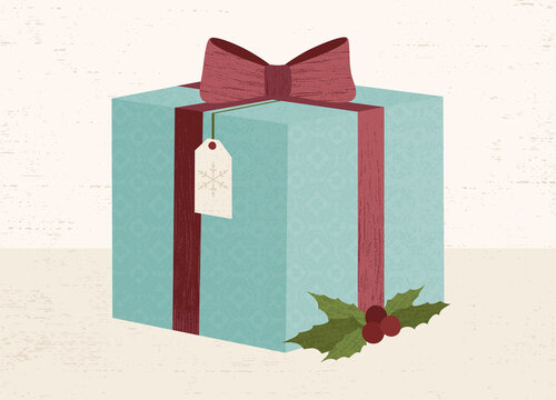 A pretty teal gift and bow in a cut paper style with textures
