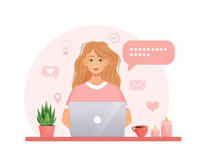 Woman works at the computer. Remote work, freelance, home office, programming, education. Communication on the Internet, online meetings. Vector illustration.