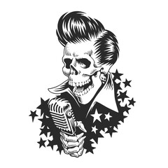 Skull with microphone and grease hair in rockabilly style. Dead rock and roll singer. Vector illustration. - obrazy, fototapety, plakaty