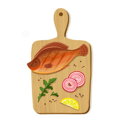 Chopping board of the cook. On it lie fried fish, lemon, onions and greens. Illustration for a restaurant or cafe