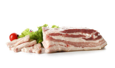 Uncooked bacon on white background