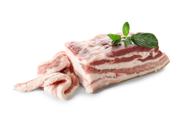 Uncooked bacon on white background