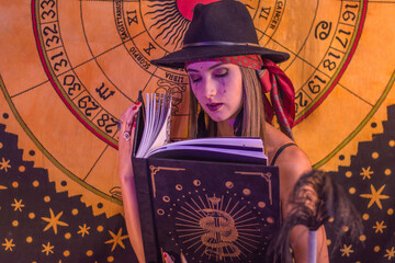 Young caucasian woman, wearing a black hat, runic letters written on her face, reading a black book...