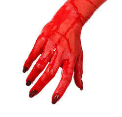 Hand covered with blood on white background