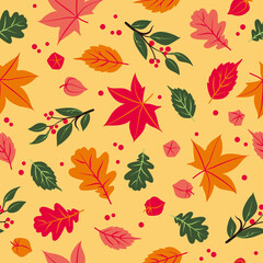 Vector Autumn Leaves and warm Colors seamless pattern on Yellow background. Perfect for fabric, scrapbooking, wallpaper projects