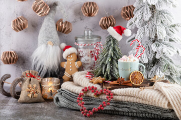 Gingerbread with mug of hot chocolate and candy cane.