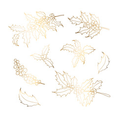Holly berry icon, linear gold pattern. Christmas shiny symbol. Vector illustration isolated on white background.
