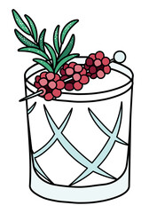 White sweet Christmas cocktail in crystal old fashioned glass garnished with rosemary and raspberries. New Year Eve Holiday doodle cartoon style vector image. For website design, sticker, card poster