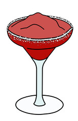 Red and white Christmas frozen strawberry daiquiri cocktail in Margarita glass garnished with sugar rim. New Year Eve Holiday doodle cartoon style vector image. For website design, sticker, poster