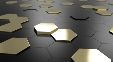 3D futuristic abstract mosaic background, golden and black hexagons, illustration