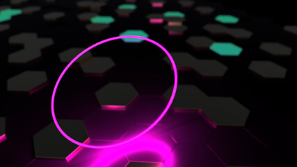 3D futuristic abstract mosaic background, hexagons, neon pink circle in the center, illustration