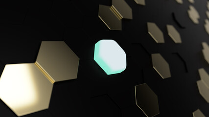 3D futuristic honeycomb mosaic background, golden, black and one neon hexagons, illustration