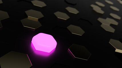 3D futuristic honeycomb mosaic background, pink and golden hexagons, illustration