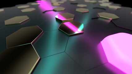 3D futuristic honeycomb mosaic background, pink and golden hexagons, pink lights, illustration
