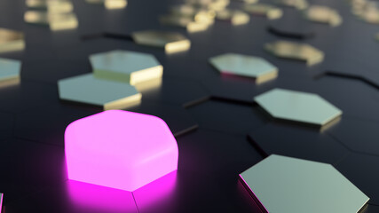 3D futuristic honeycomb mosaic background, neon hexagon, illustration