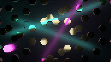3D futuristic honeycomb mosaic background, neon lights, illustration