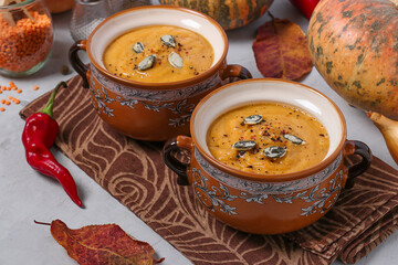 Vegetarian autumn pumpkin soup puree with red lentils in two bowls on gray background. Closeup
