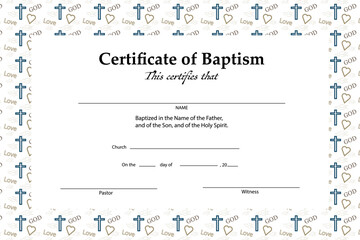 Fototapeta na wymiar Certificate of baptism template with the inscription God Love and bible symbol pattern seamless. 