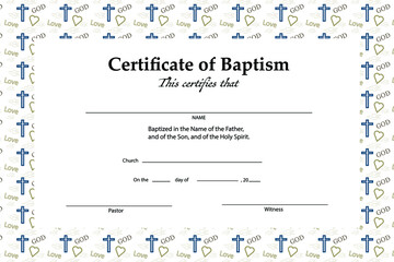 Certificate of baptism template with the inscription God Love and bible symbol pattern seamless. 