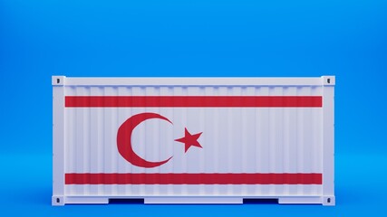 Side View Shipping Container on Blue Background with the National Flag of Northern Cyprus Turkish Republic of