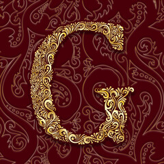 Golden Decorative Filigree Scroll-work  Alphabet Capital Letter G On Burgundy and Gold Leaf Background