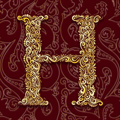 Golden Decorative Filigree Scroll-work  Alphabet Capital Letter H On Burgundy and Gold Leaf Background