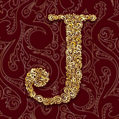 Golden Decorative Filigree Scroll-work  Alphabet Capital Letter J On Burgundy and Gold Leaf Background