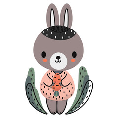 Cartoon bunny in a pink t-shirt holding a carrot surrounded by vegetation Little cartoon rabbit Childish illustration for children's graphic design or nursery decor Vector