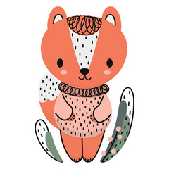 Little cute fox in a pink sweater and grass on a white background. Lovely stylized Scandinavian style cartoon illustration for toddlers. Vector.