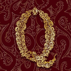 Golden Decorative Filigree Scroll-work  Alphabet Capital Letter Q On Burgundy and Gold Leaf Background