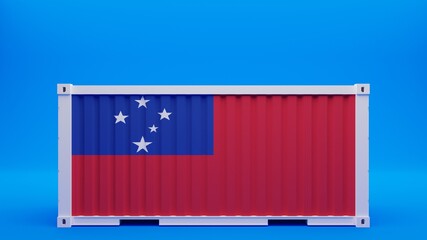 Side View Shipping Container on Blue Background with the National Flag of Samoa