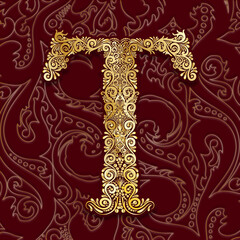Golden Decorative Filigree Scroll-work  Alphabet Capital Letter T On Burgundy and Gold Leaf Background