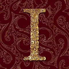 Golden Decorative Filigree Scroll-work  Alphabet Capital Letter I On Burgundy and Gold Leaf Background