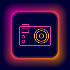 Glowing neon line Photo camera icon isolated on black background. Foto camera. Digital photography. Colorful outline concept. Vector